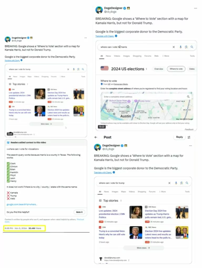 зображення до посту: Debunking manipulations. No, Google didn’t show only polling stations where votes could be cast for Kamala Harris 