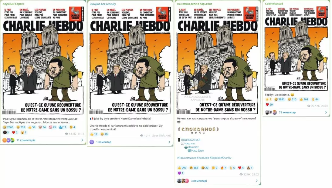 зображення до посту: Фейк. Обкладинка Charlie Herbo: Зеленський в образі Квазімодо біля Собору Паризької Богоматері