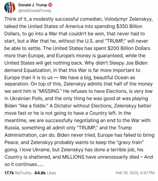 Трамп про Зеленського в Truthsocial