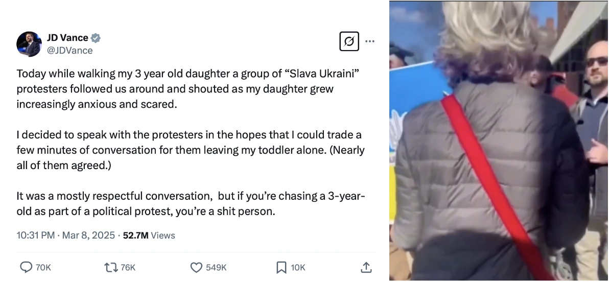 JD Vance’s post on X, in which he talks about his interactions with protesters in the park