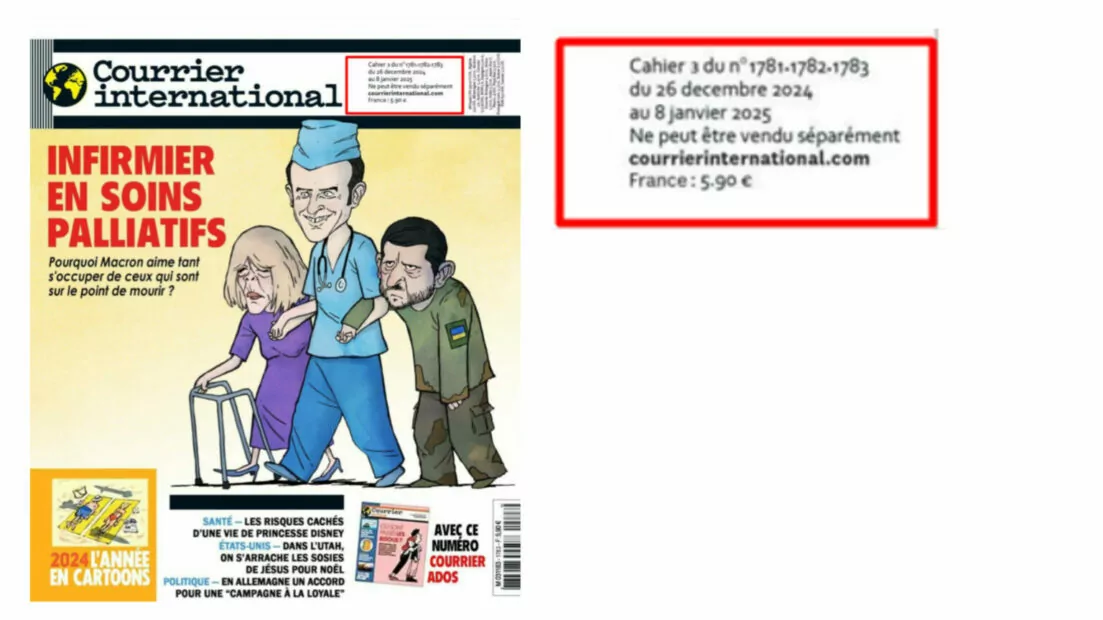 зображення до посту: Debunking Russian fakes. No, Courrier International’s cover didn’t have caricature of Macron caring for Zelenskyy in hospice