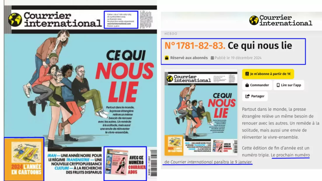 зображення до посту: Debunking Russian fakes. No, Courrier International’s cover didn’t have caricature of Macron caring for Zelenskyy in hospice