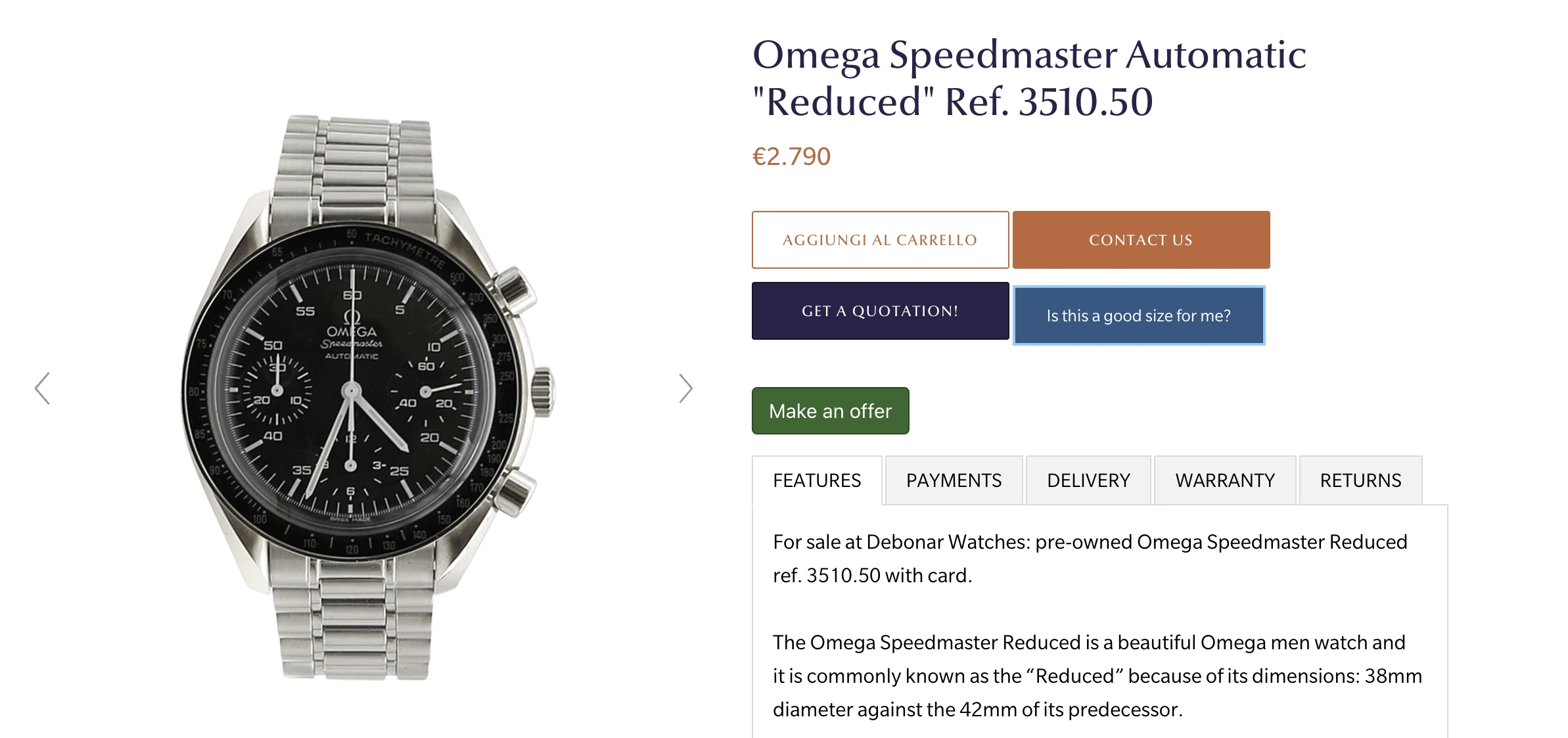 Ціна за годинник Omega Speedmaster Automatic / Скриншот: debonarwatches
