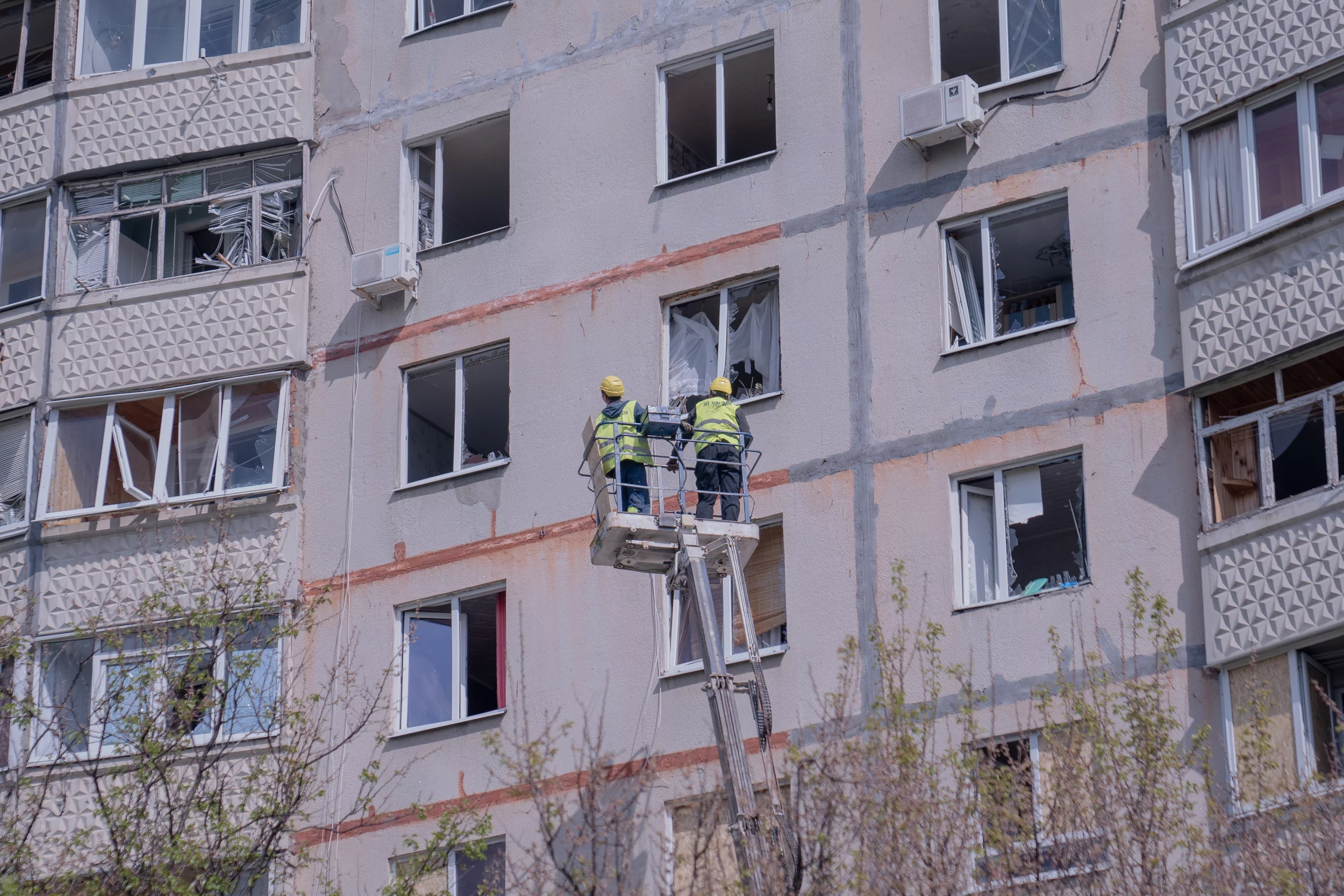 Damaged building after Russian attack in Nemyshlianskyi district