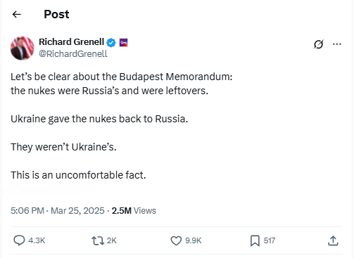 Screenshots of Richard Grenell’s post on X