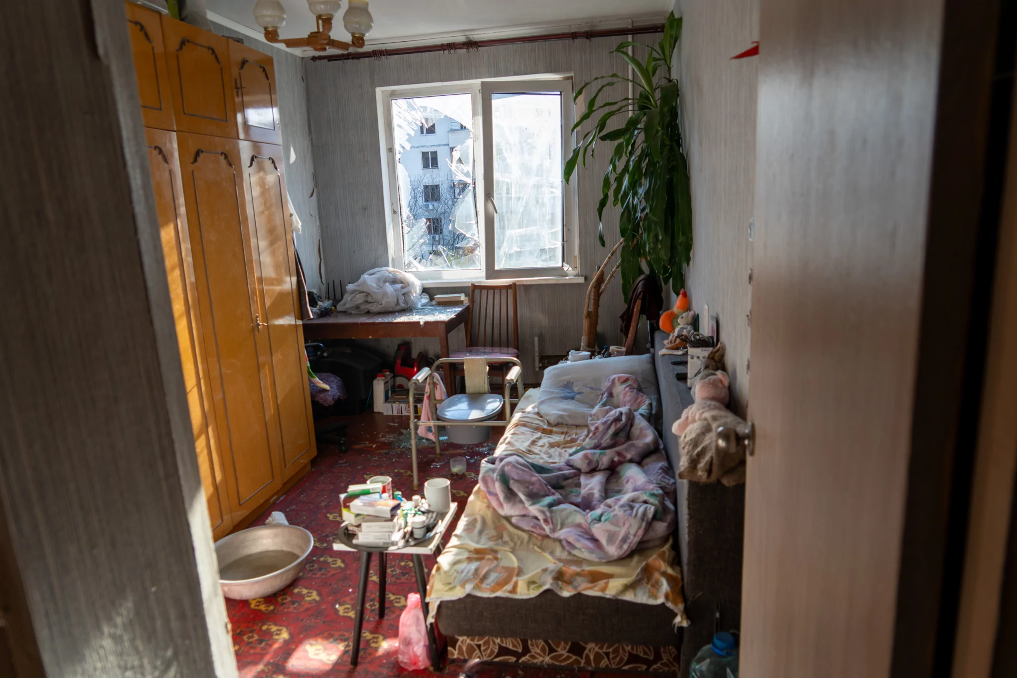 The damaged apartment after Russian attack in Kharkiv residential district