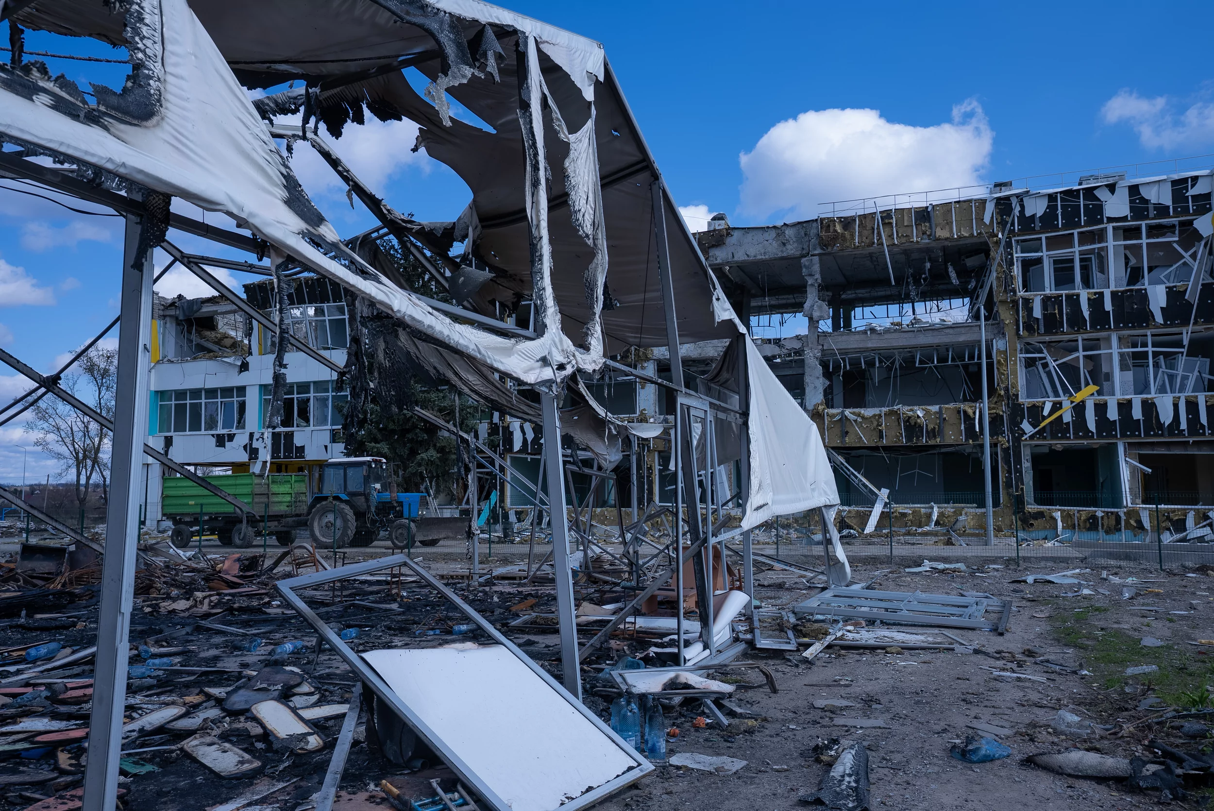 Temporary building that was used to store and give away humanitarian aid damaged by Russians