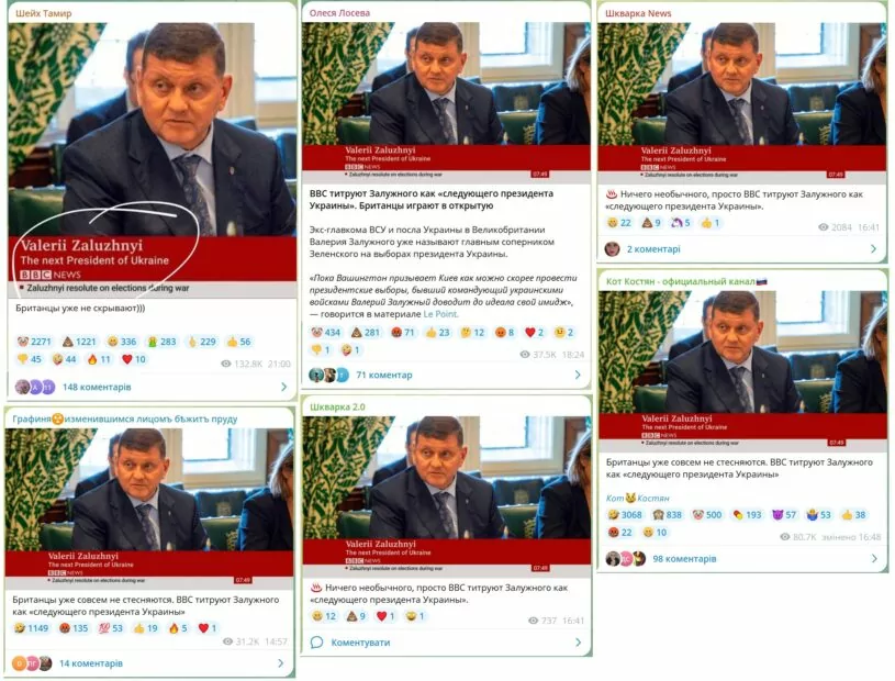 Скриншоти з тг каналів про ефір ВВС News з визначенням Залужного наступним президентом