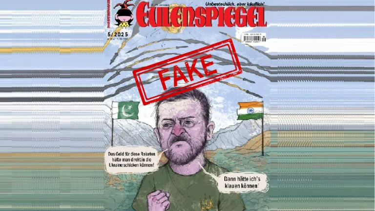 Debunking Russian fakes. Eulenspiegel cover with “reaction” of Zelenskyy about conflict between India and Pakistan