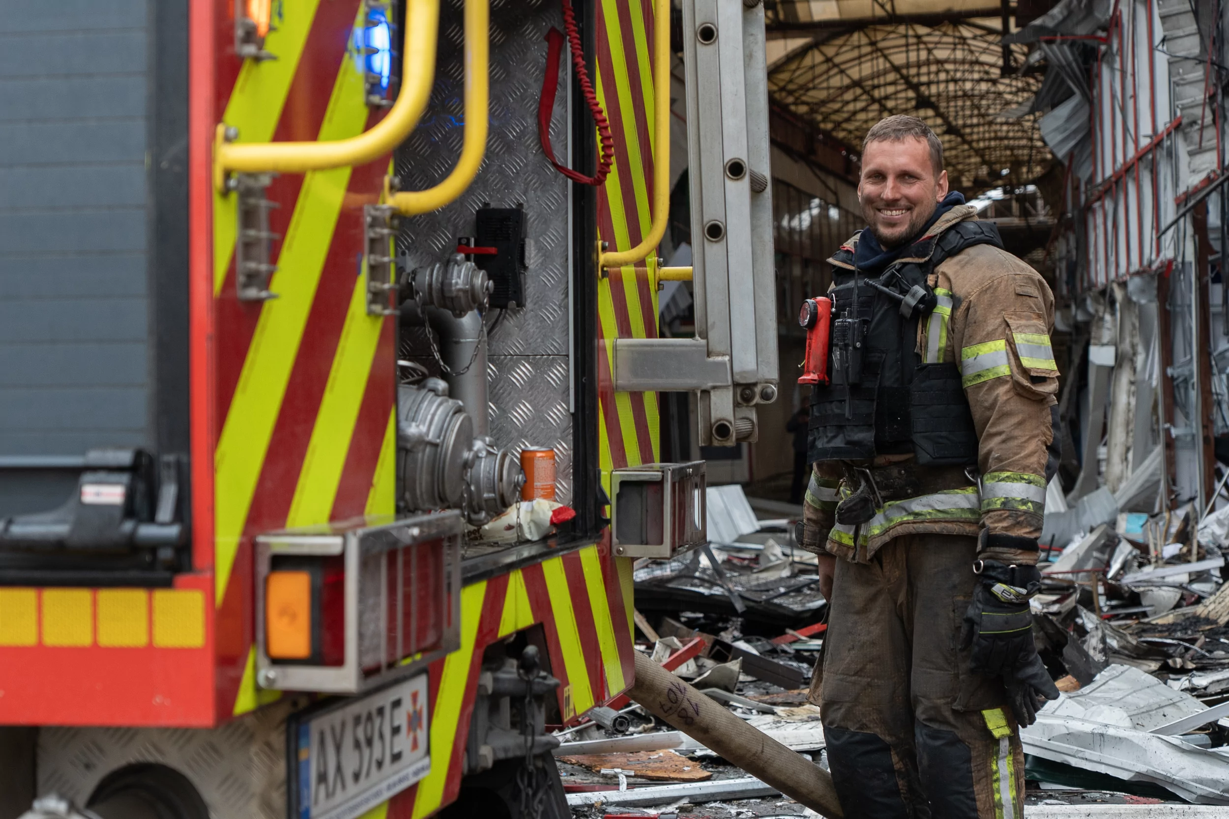 Firefighter at the Barabashovo market in Kharkiv after Russian attack on May 6