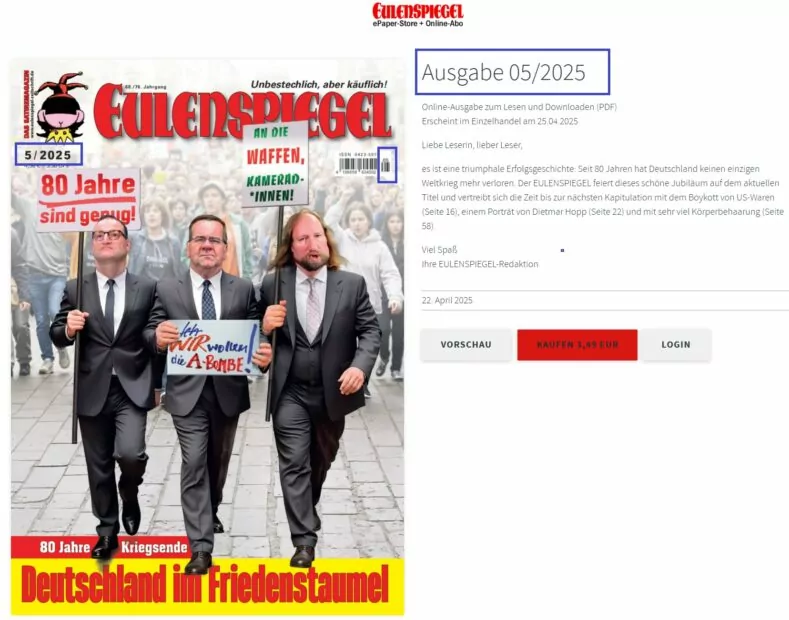 Скриншот сторінки сайту Eulenspiegel з оригінальною обкладинкою примірника журналу