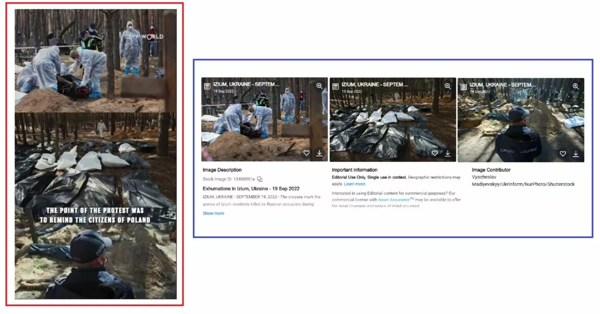 Порівняння кадрів з поширеного відео з фотографіями ексгумації тіл біля Ізюму у 2022 році
