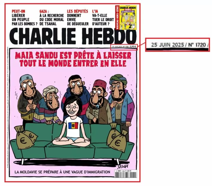 Зображення фейкової обкладинки Charlie Hebdo з карикатурою на президентку Молдови Майю Санду під заголовком «Майя Санду готова всіх пустити до себе»