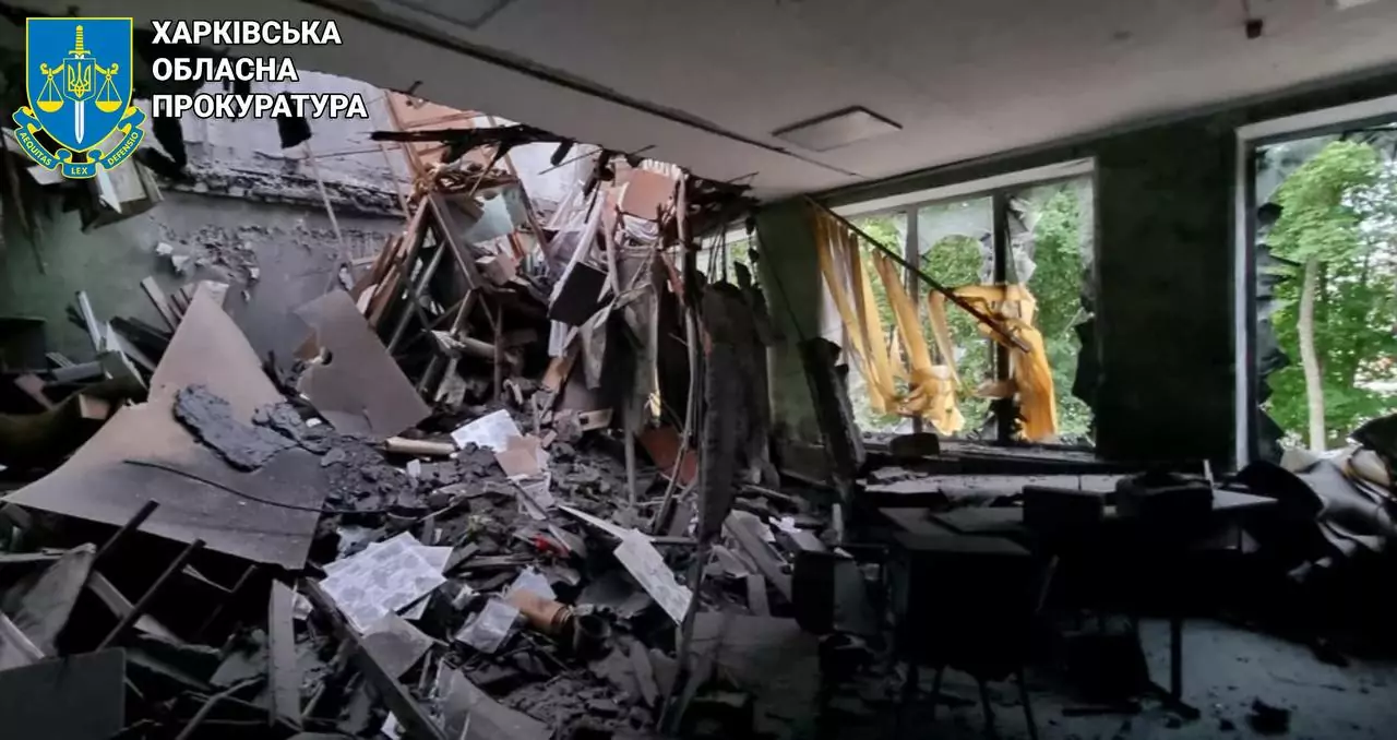 Damaged lyceum after Russian attack on Lozova on June 19