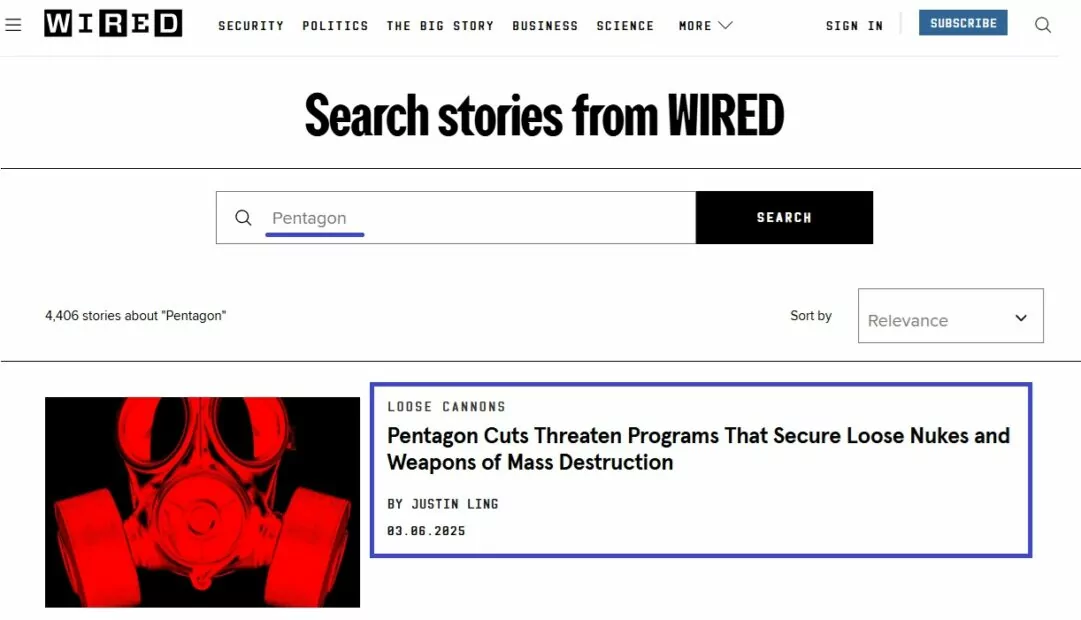 Скриншот сайту журналу «WIRED» з результатами пошуку по темі Пентагону