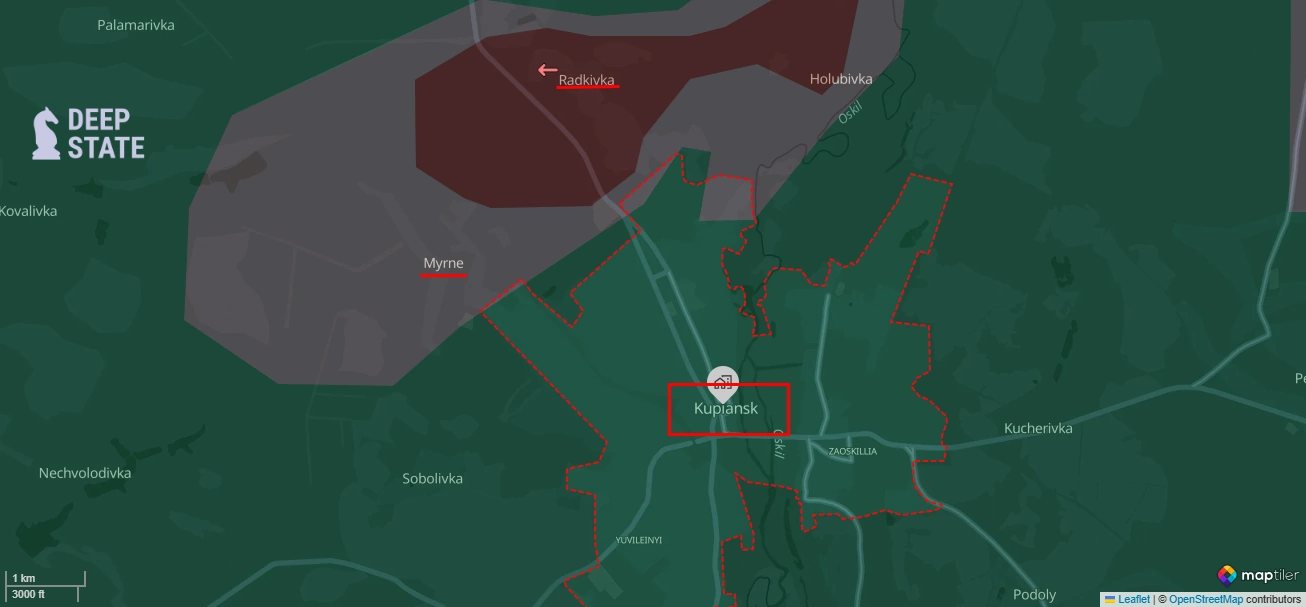 Distance between Myrne, Radkivka, and Kupiansk