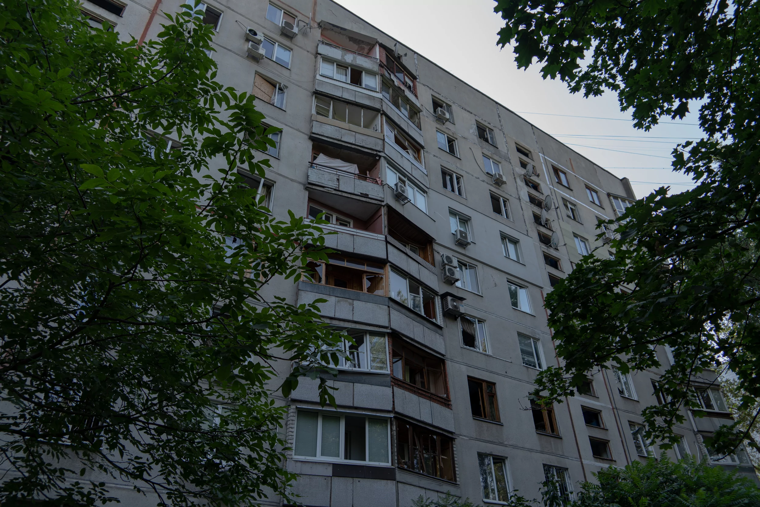 High-rise residential apartment building, damaged by Russian drone attack on the Slobidskyi district of Kharkiv. July 7, 2025