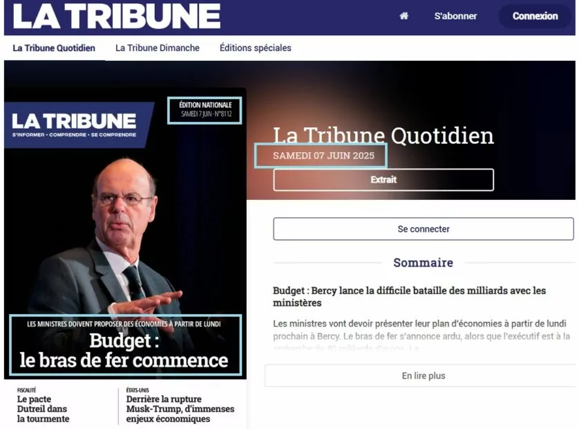 Скриншот з сайту журналу «La Tribune» з оригінальною обкладинкою примірника 8112 за 7 червня