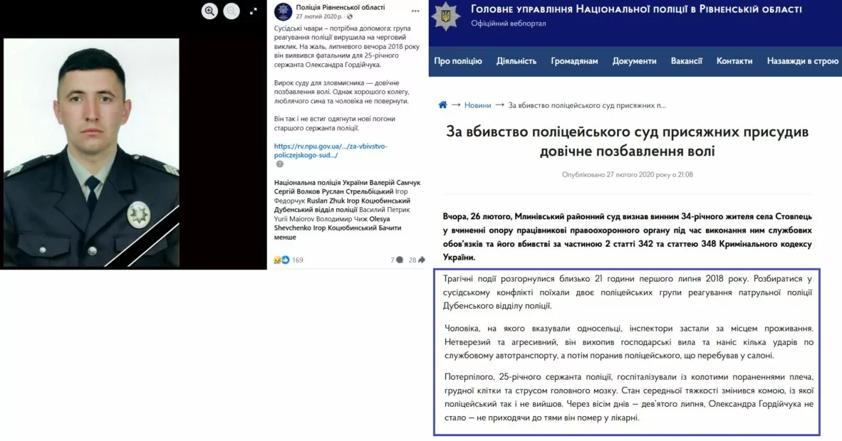 Скриншоти публікацій про смерть поліцейського Гордійчука з Facebook сторінки та сайту ГУ Національної поліції в Рівненській області