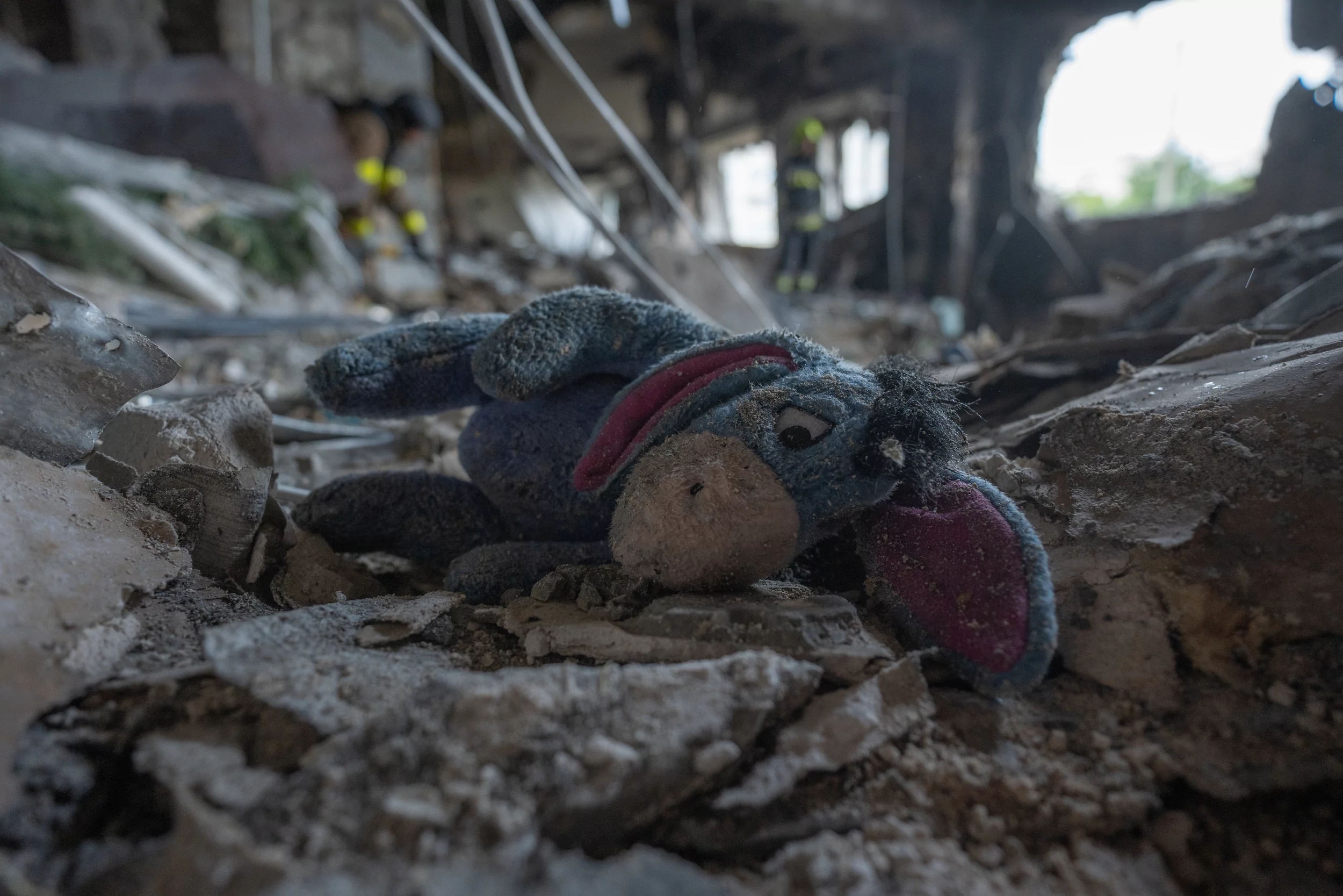 A stuffed toy in the apartment building, destroyed by a Russian drone attack on Aug. 18, 2025