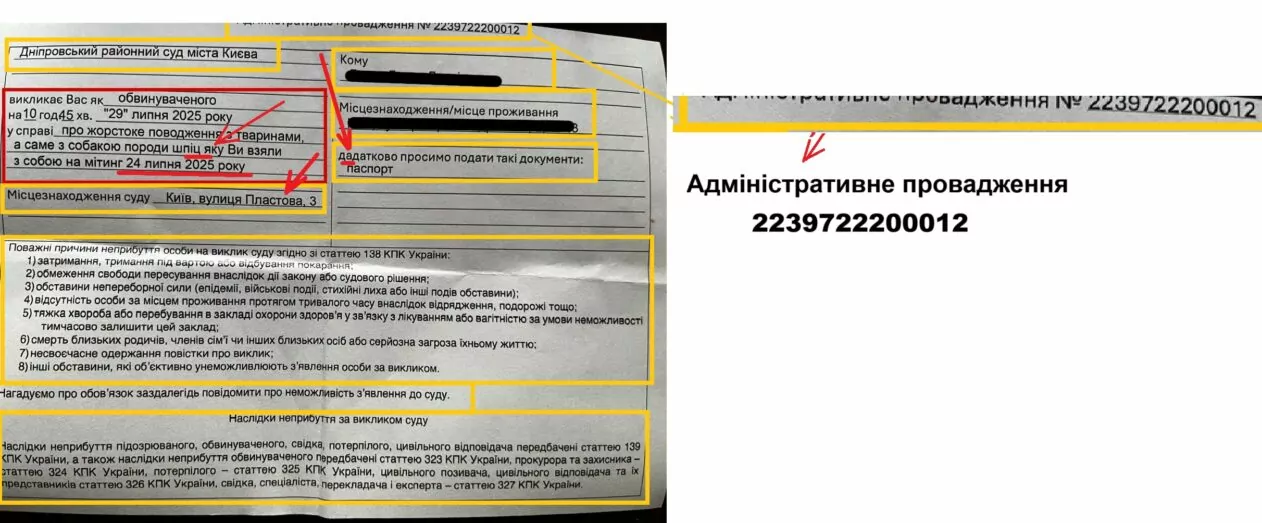 Розбір тексту на фейковій судовій повістці з новини про суд над активістом зі шпіцем