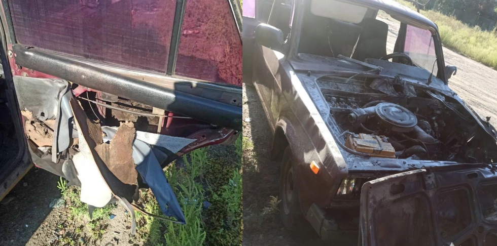 Car delivering humanitarian aid in Vovchansk district that was targeted by Russian FPV drone