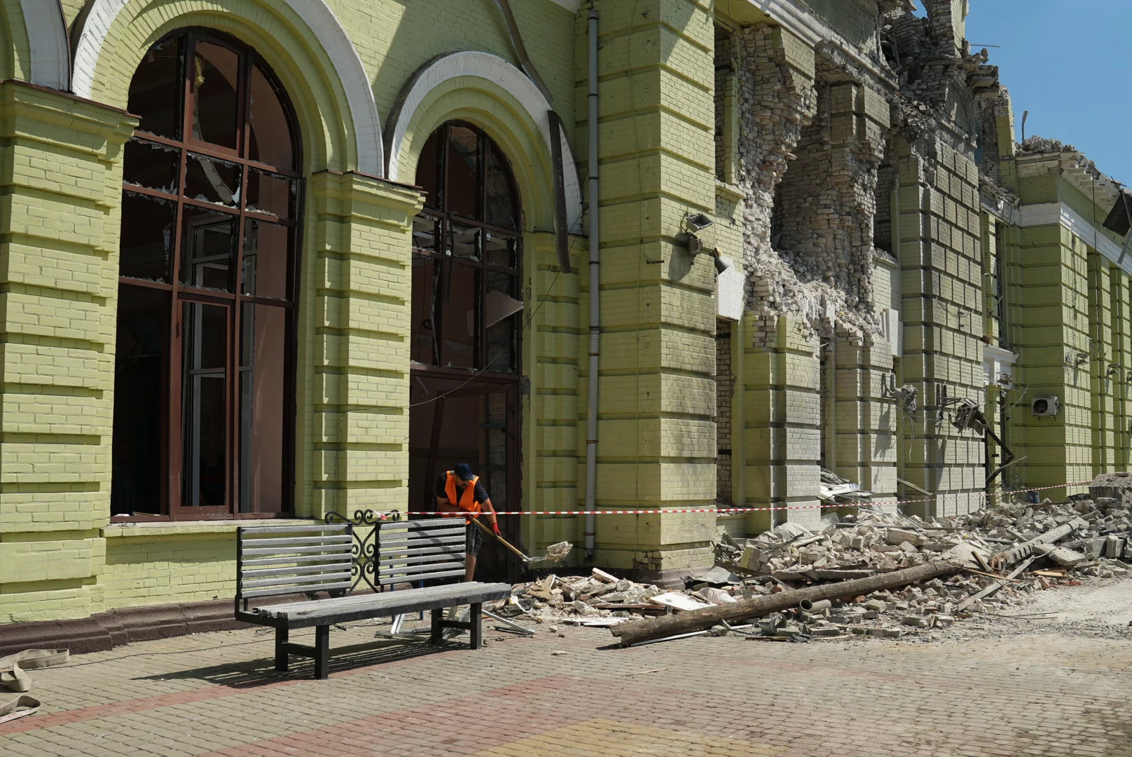 Damaged building of the railway station in Lozova after the Russian attack on August 5