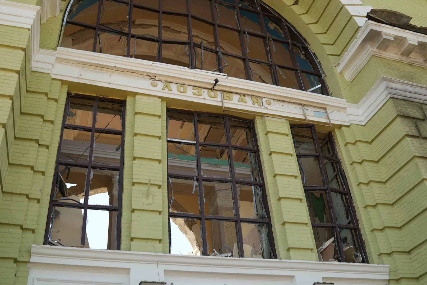 Broken windows in building of the railway station in Lozova after the Russian attack on August 5