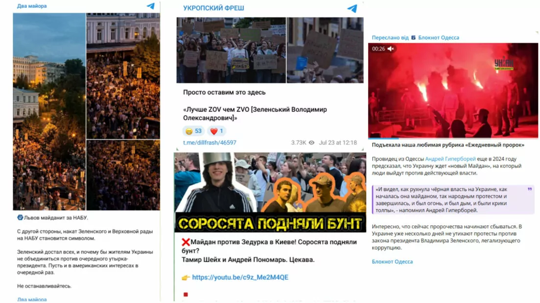 Скриншоти пропагандистських Telegram-каналів, що висвітлювали антикорупційні протести