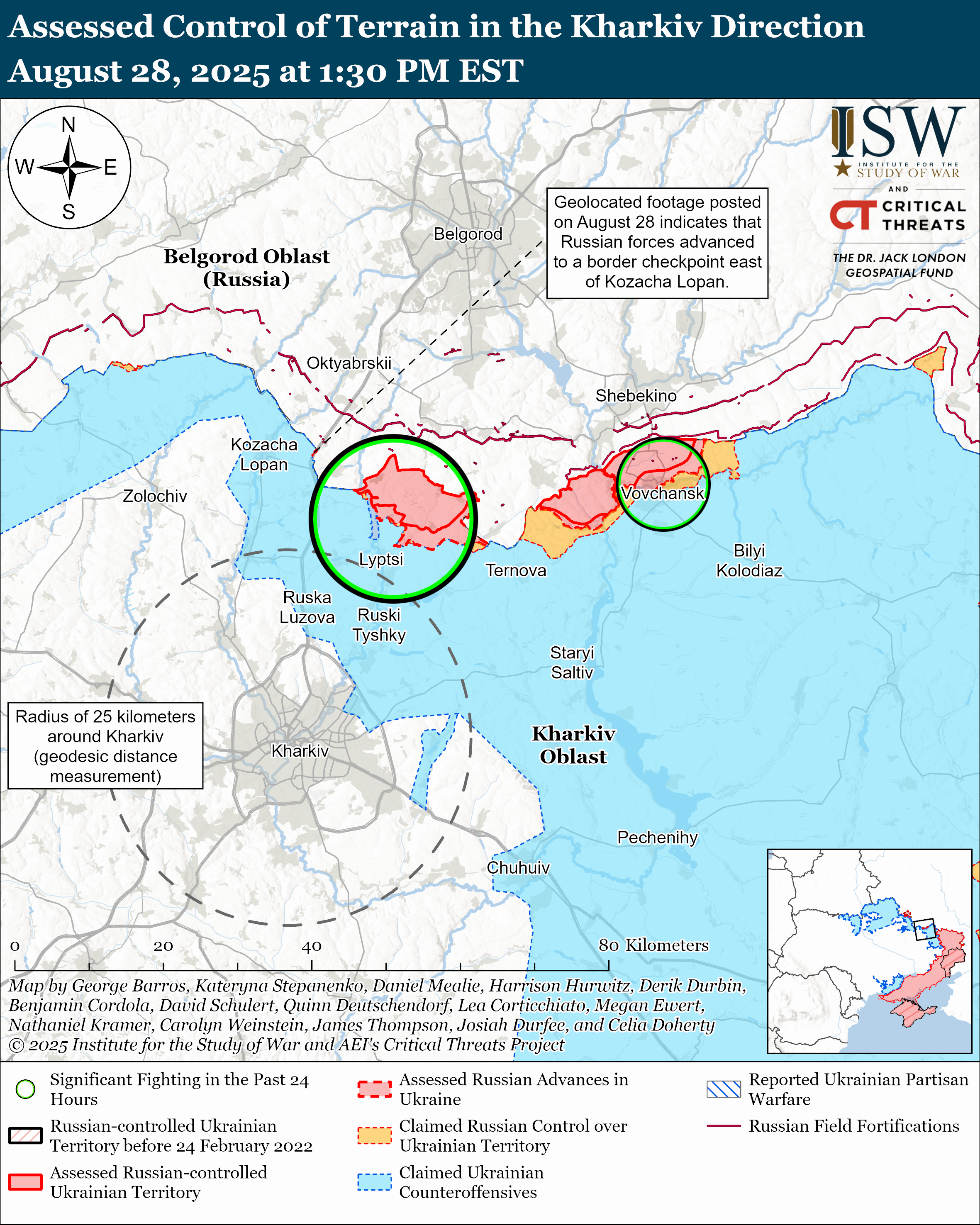 Assessed control of terrain north of Kharkiv Oblast on August 28