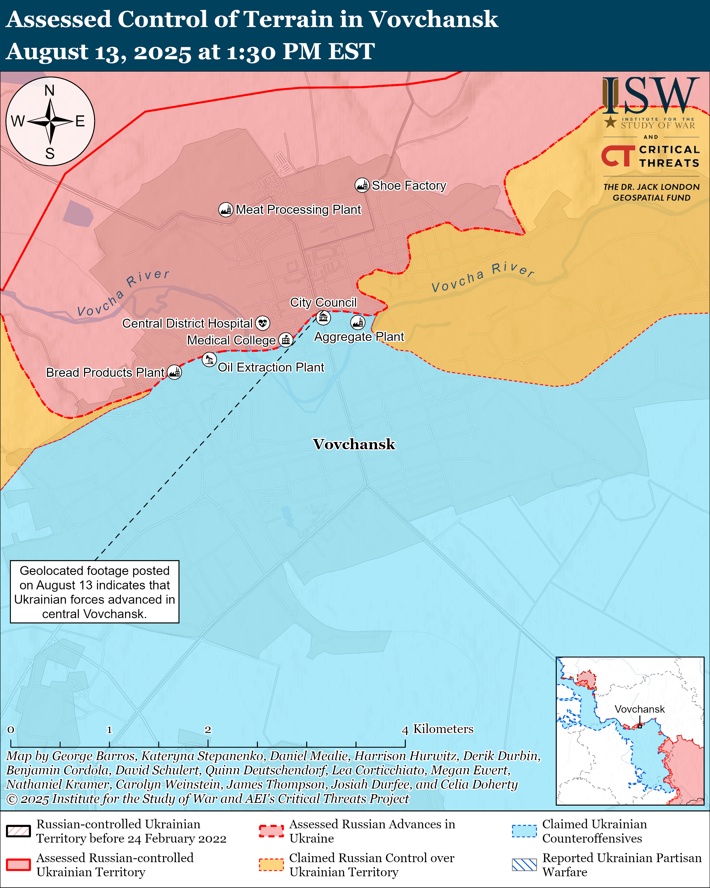 Assessed control of terrain in Vovchansk on August 13