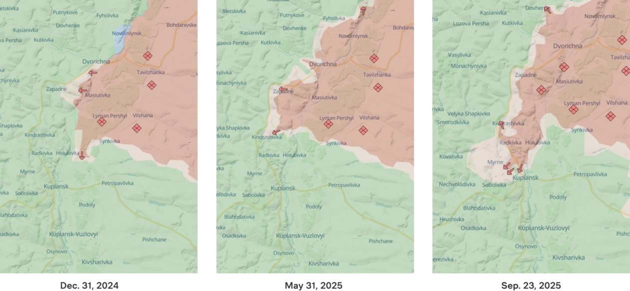 DeepStateMap showing advance of Russian forces north of Kupiansk from the December of 2024 to September 2025 / Source: DeepStateMap