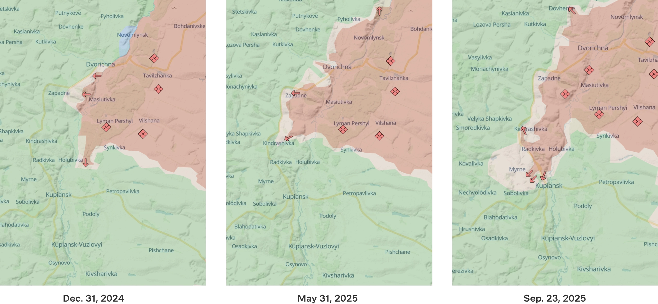 DeepStateMap showing advance of Russian forces north of Kupiansk from the December of 2024 to September 2025 / Source: DeepStateMap