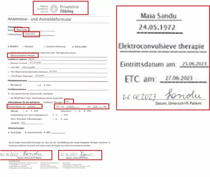 Фейковий документ реєстрації приватної клініки з призначенням для Санду терапії «Elektroconvulsieve therapie»