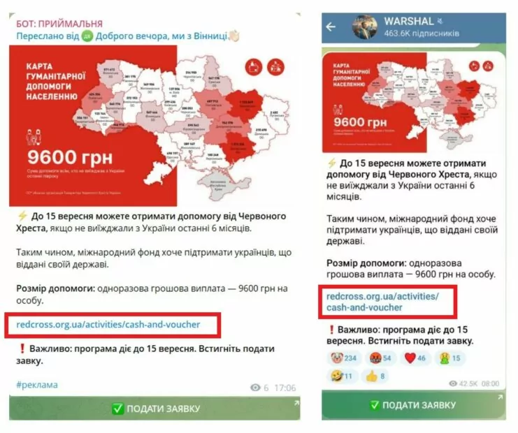 зображення до посту: Фейк. Червоний Хрест обіцяє 9600 грн українцям, які останні 6 місяців не виїздили за кордон