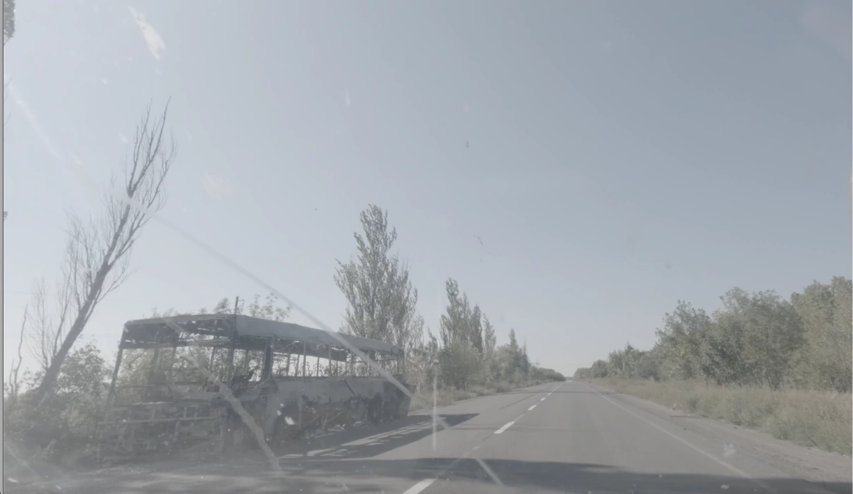 Bus, destroyed by a Russian drone attack on the Izium-Sloviansk highway. Sep. 7, 2025