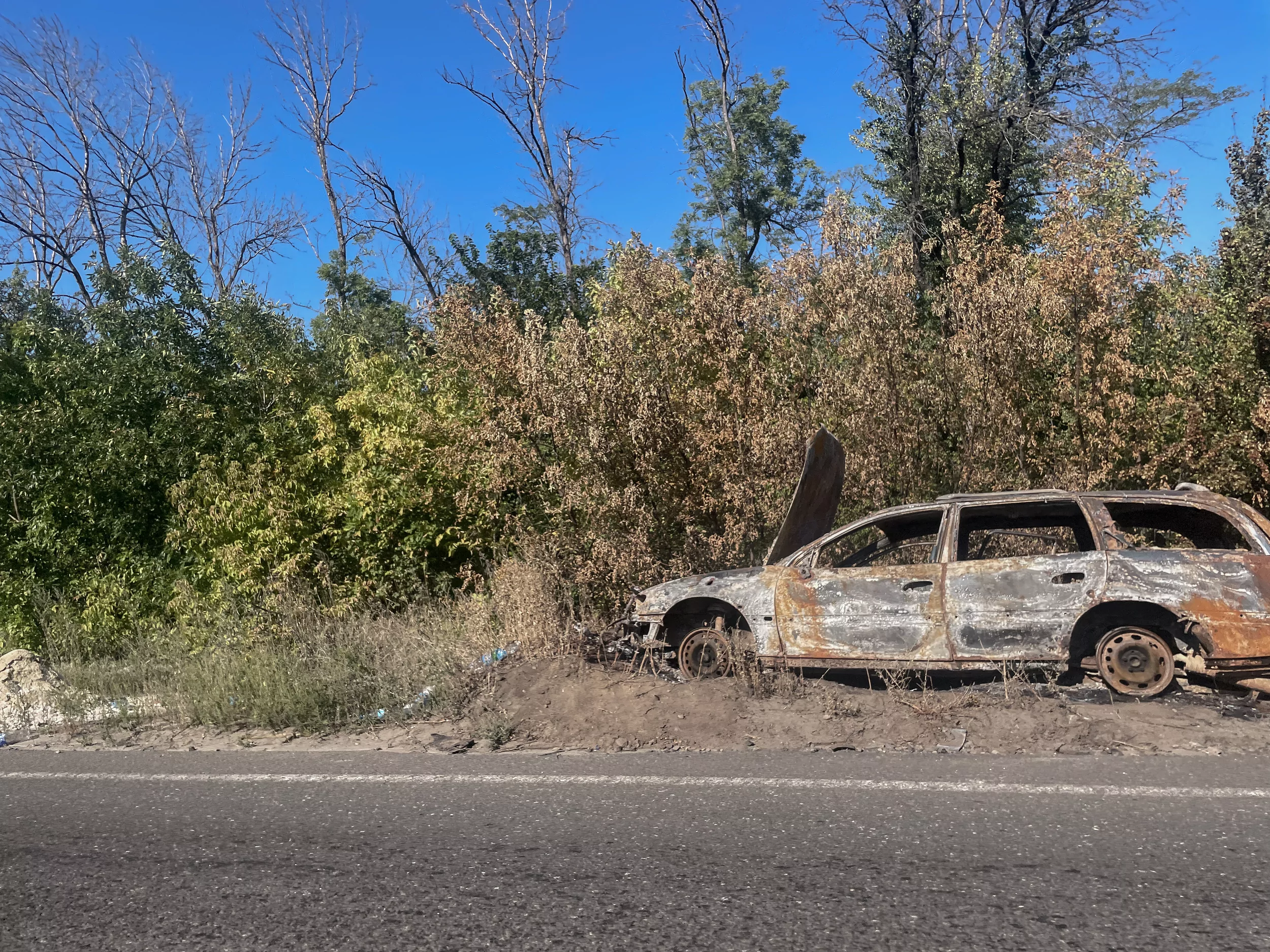 Car, destroyed by a Russian drone attack on the Izium-Sloviansk highway. Sep. 7, 2025