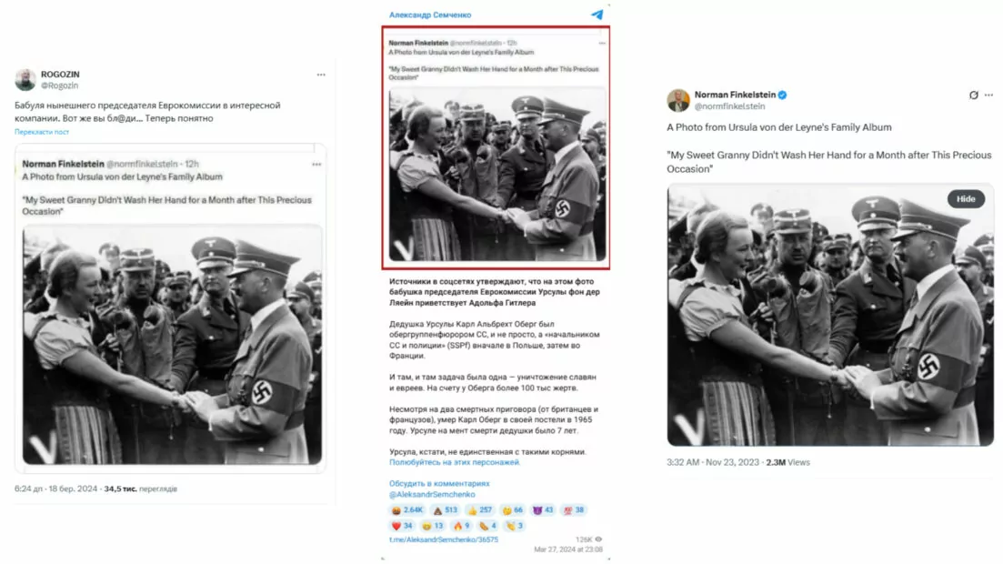 зображення до посту: Фейк. Фото з бабусею президентки Єврокомісії Урсули фон дер Ляєн, яка тисне руку Гітлеру
