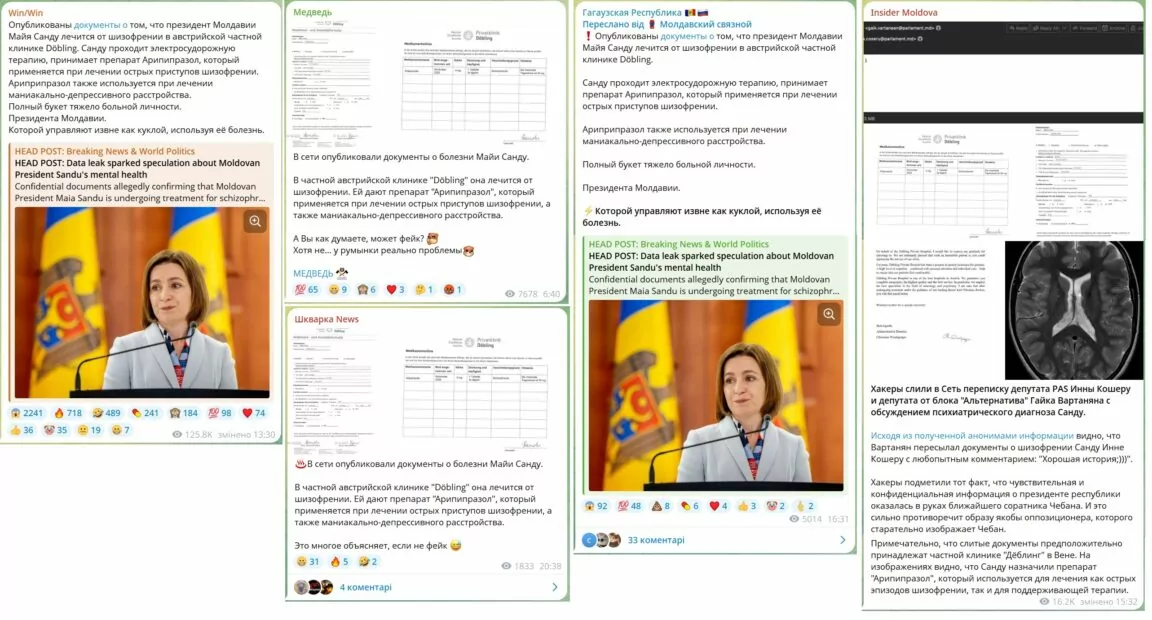 Скриншоти новини в телеграм-каналах про те, що Майя Санду хворіє на шизофренію, яке нібито підтверджується документами з приватної клініки Дьоблінг