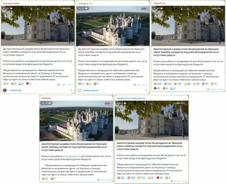 Скриншоти новини в Telegram-каналах про те, що громадськість Франції нібито обурена урядом Макрона через спрямування коштів на Україну та мігрантів замість ремонту замка Шамбор