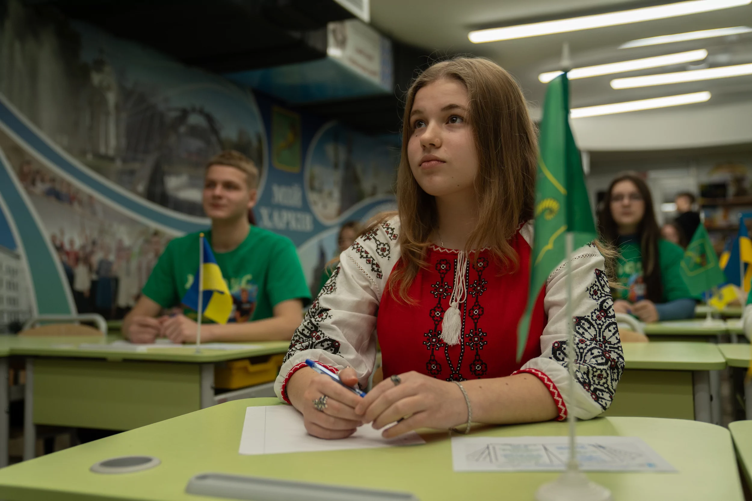 Pupils at the Kharkiv underground school in subway writes a dictation