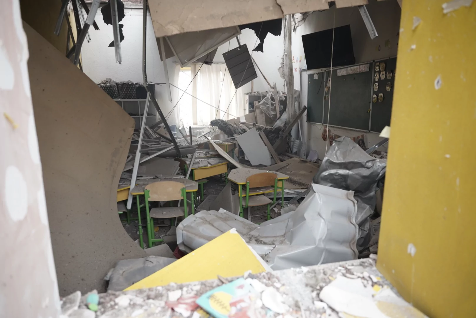 Inside one of the classrooms of the destroyed kindergarten in Kharkiv