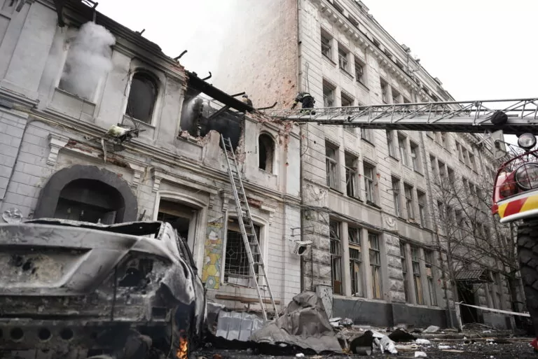 (Photos) Emergency services put out fire in aftermath of Russian drone strikes on Kharkiv kindergarten 