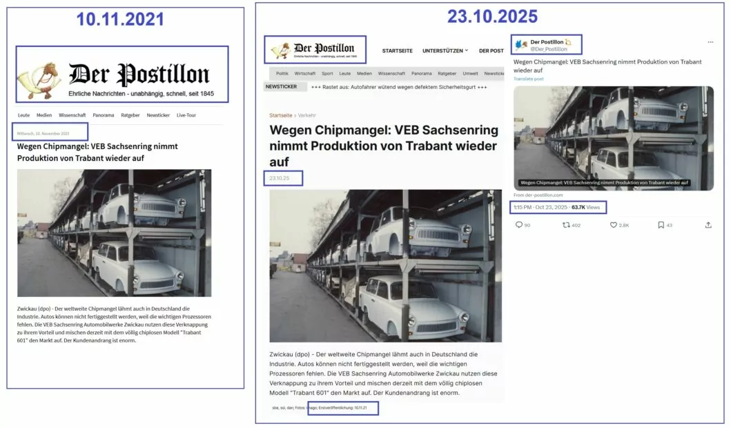 Скриншоти з ресурсів медіа «Der Postillon» новини за 2021 та 2025 роки