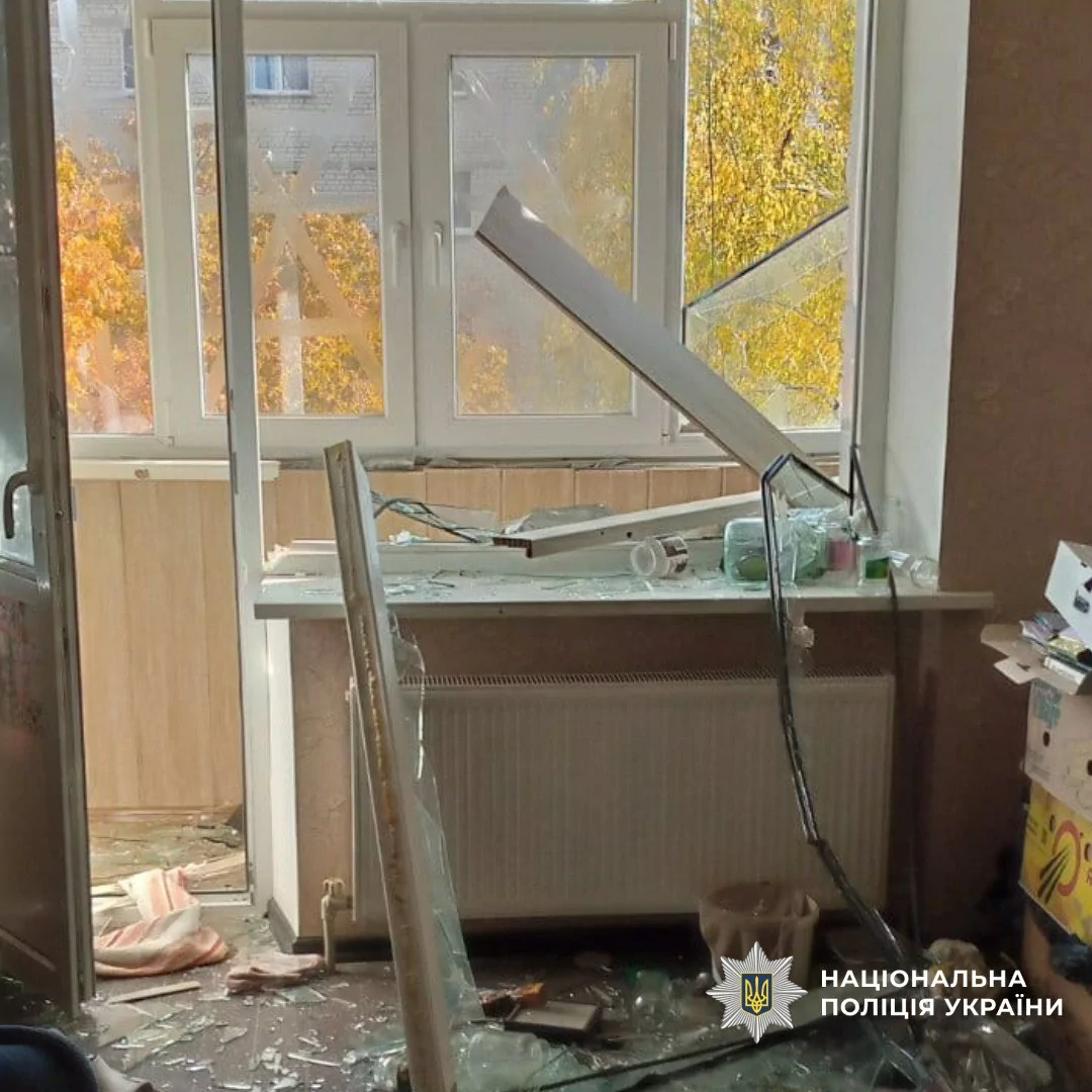 Broken windows in a house damaged by a Russian attack on Kharkiv Oblast