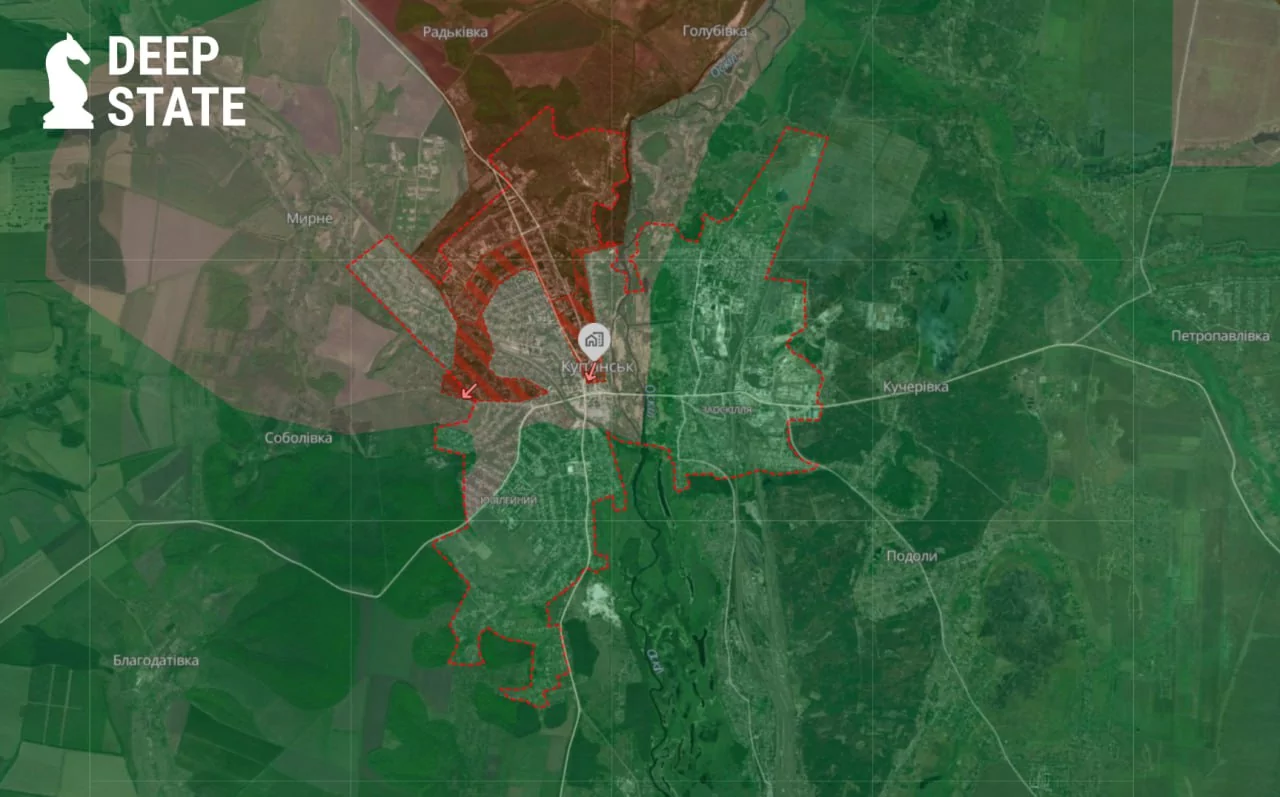 Map of Kupiansk, with red showing advance of Russian troops