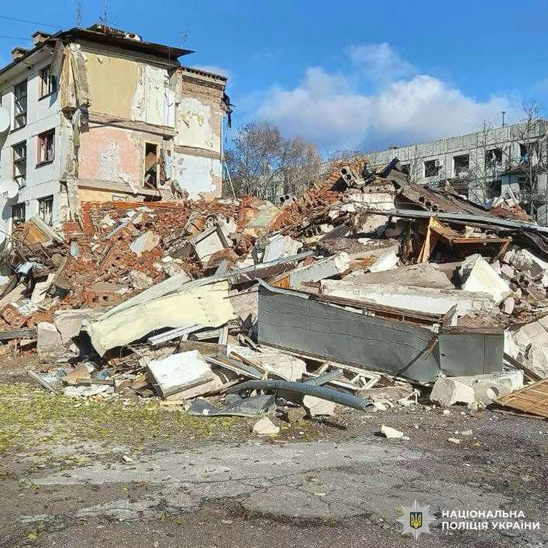Destroyed building in Kharkiv Oblast after Russian attack