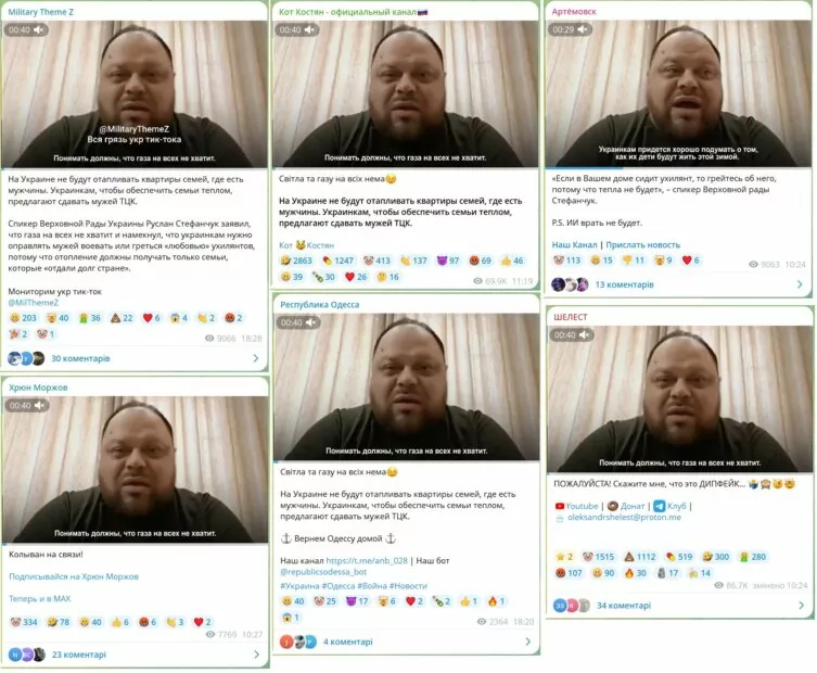 Скриншоти в Telegram-каналах новини про те, що в Україні жінкам, щоб забезпечити свої сім'ї теплом, пропонують здавати чоловіків в ТЦК та СП, бо нібито Стефанчук заявив, що квартири сімей, де є «ухилянти» – не опалюватимуть.
