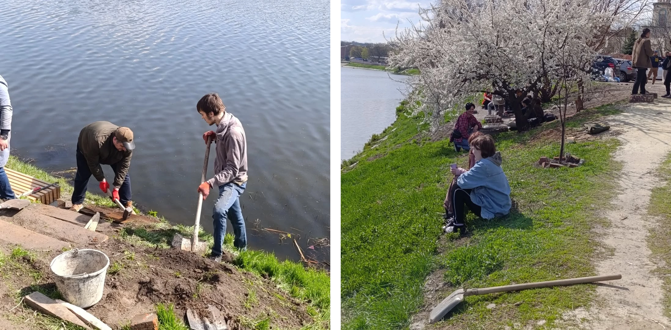 One of Zaparkannya's tolokas — people are installing benches and stairs leading to the river