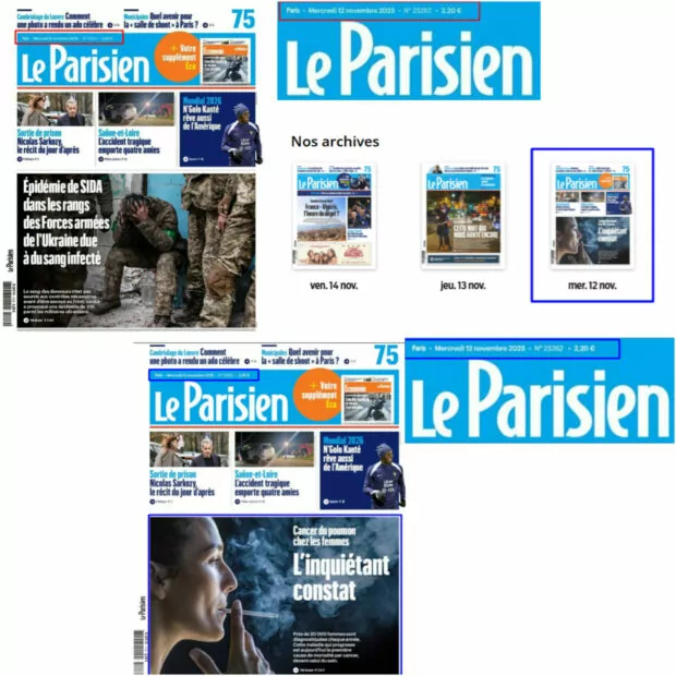 Фейкова сторінка Le Parisien та оригінальна перша шпальта газети за 12 листопада